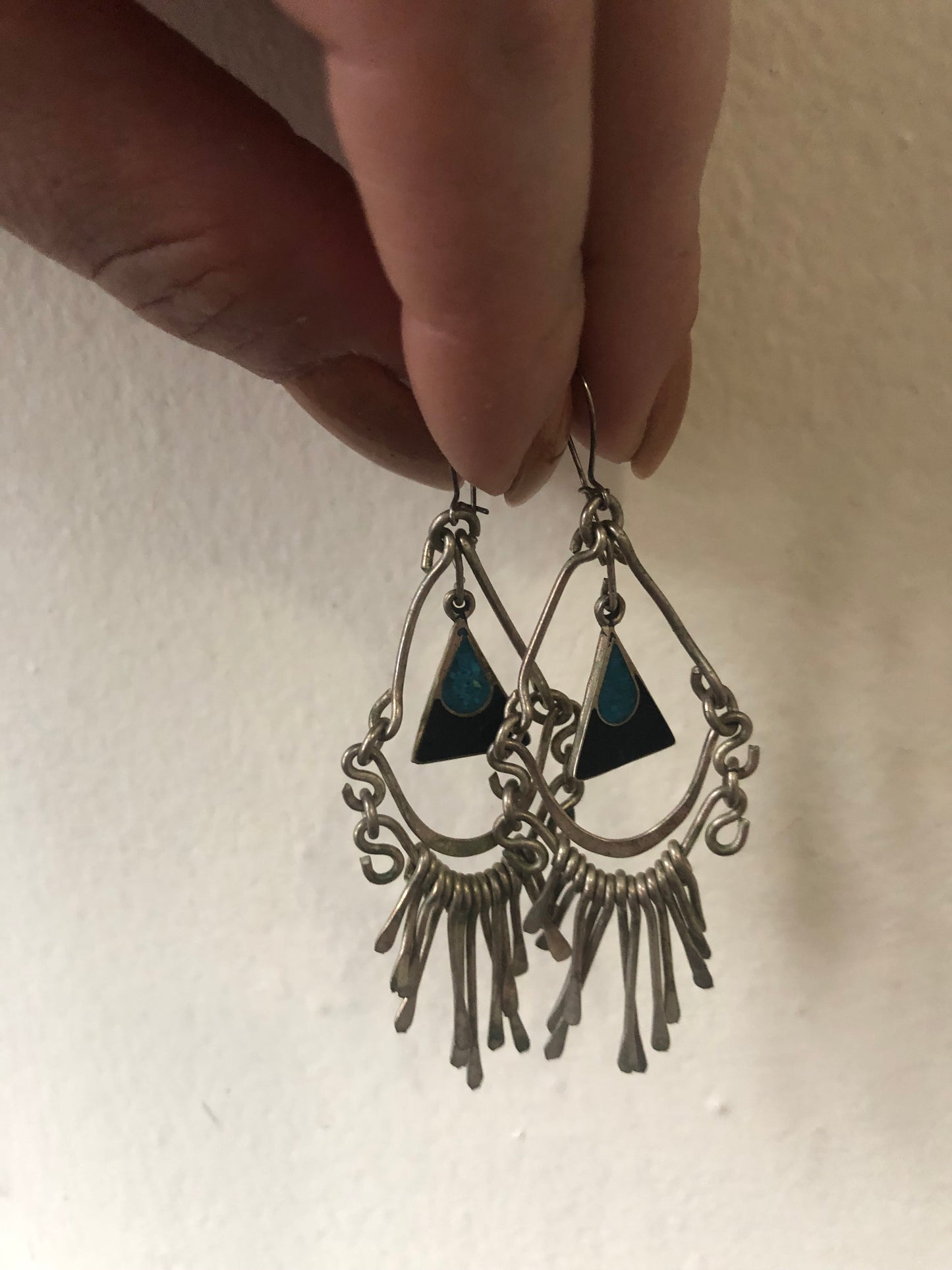 Vintage sterling silver onyx and turquoise dangle earrings