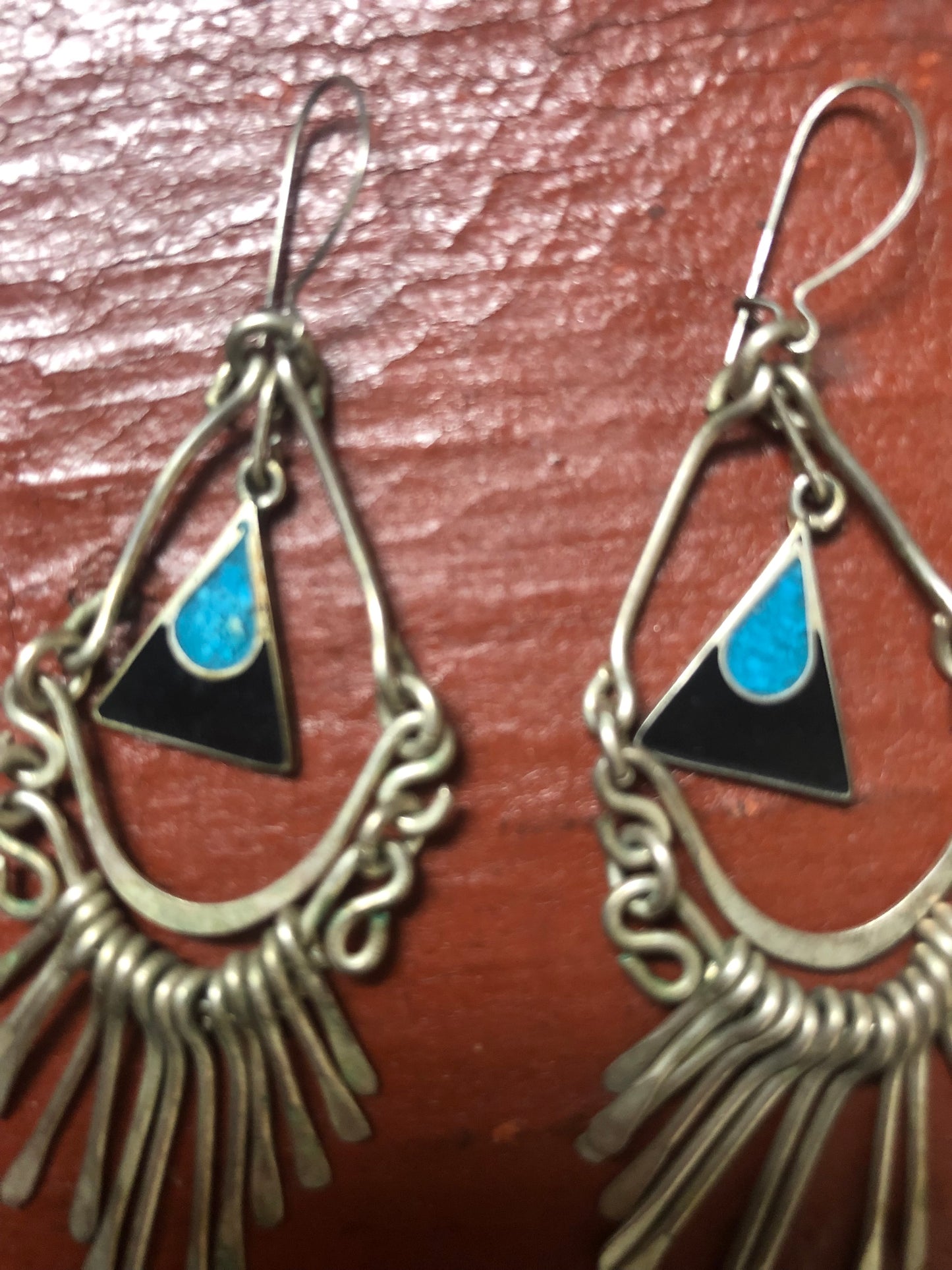 Vintage sterling silver onyx and turquoise dangle earrings