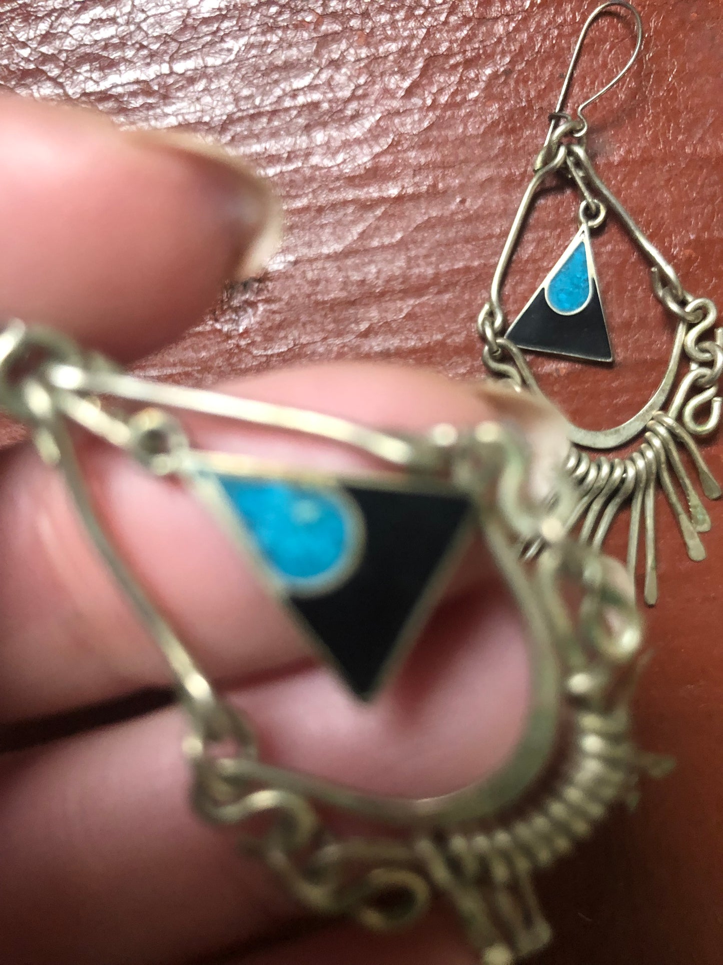 Vintage sterling silver onyx and turquoise dangle earrings