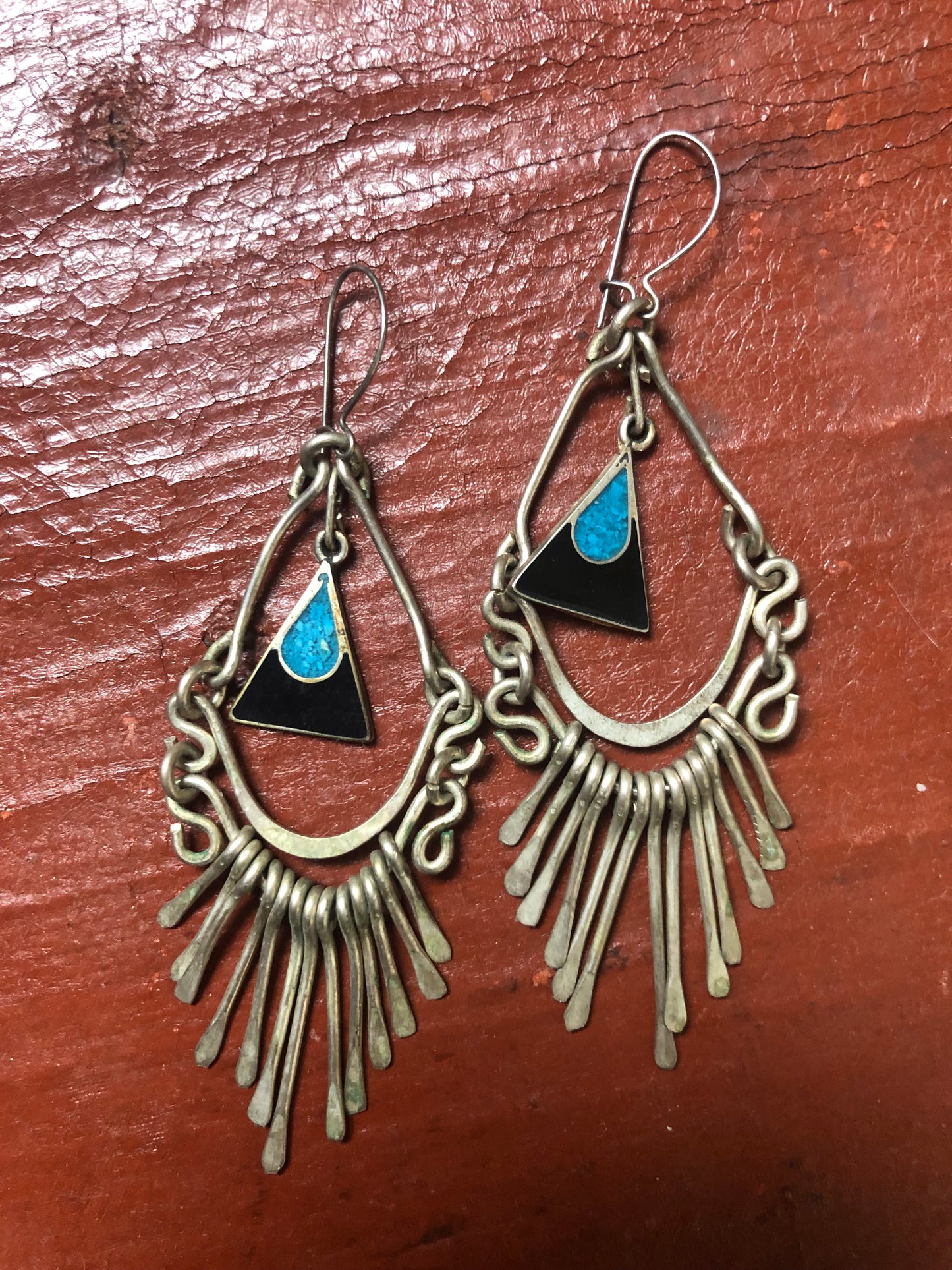 Vintage sterling silver onyx and turquoise dangle earrings