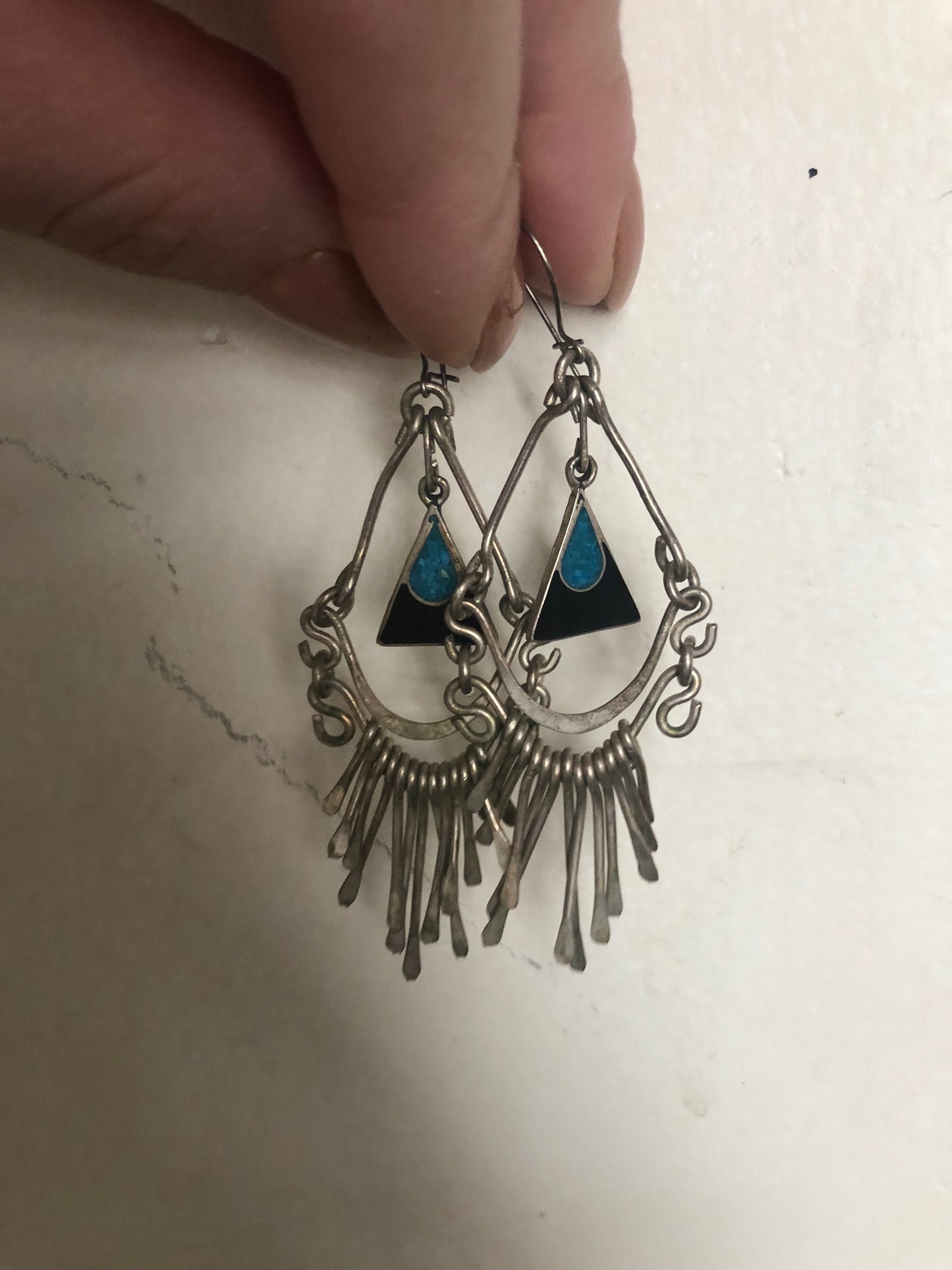 Vintage sterling silver onyx and turquoise dangle earrings