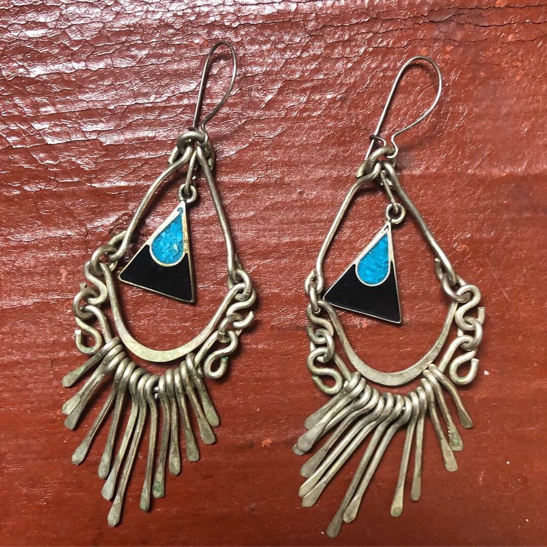 Vintage sterling silver onyx and turquoise dangle earrings